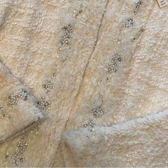 Alice + Olivia Nilla Cream Embellished Tweed Fringe Beaded Trim Boxy Cut Jacket - Picture 6 of 14